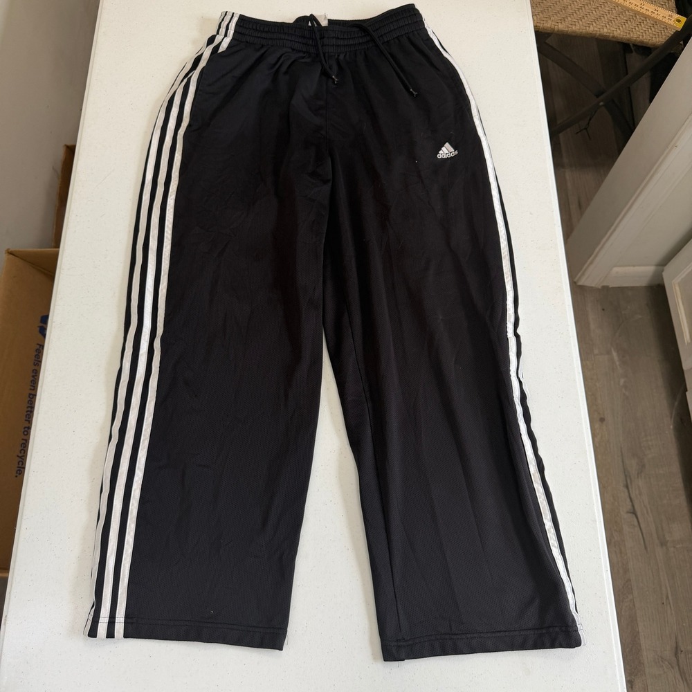 Y2K Adidas Mens Black Mesh Track Pants White Three Stripe Wide Leg Medium‎